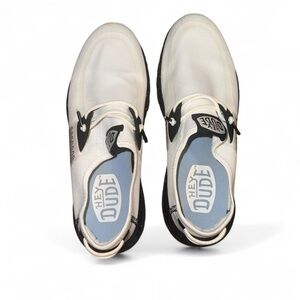 Men’s Hey Dude white and black sneakers with speckle detail
US men’s size 9